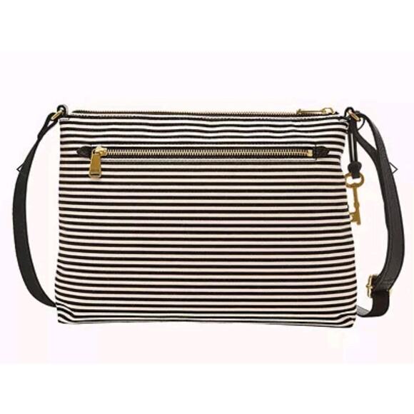 Fossil Kinley Striped Leather Zip Closure Convertible Crossbody Satchel Purse - Picture 2 of 10